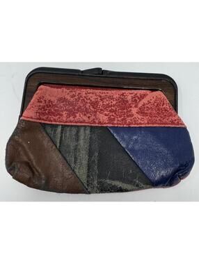 Vintage Patchwork Leather and Fabric Clutch Purse with Wooden Frame Weathered